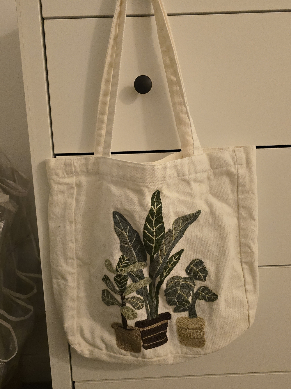 Cream Canvas Tote Bag with Green Potted Plant Embroidery